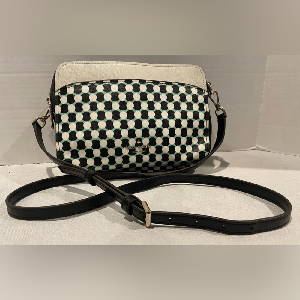 KATE SPADE Lauryn Black White Blue Leather Benay Spot Camera Bag Crossbody